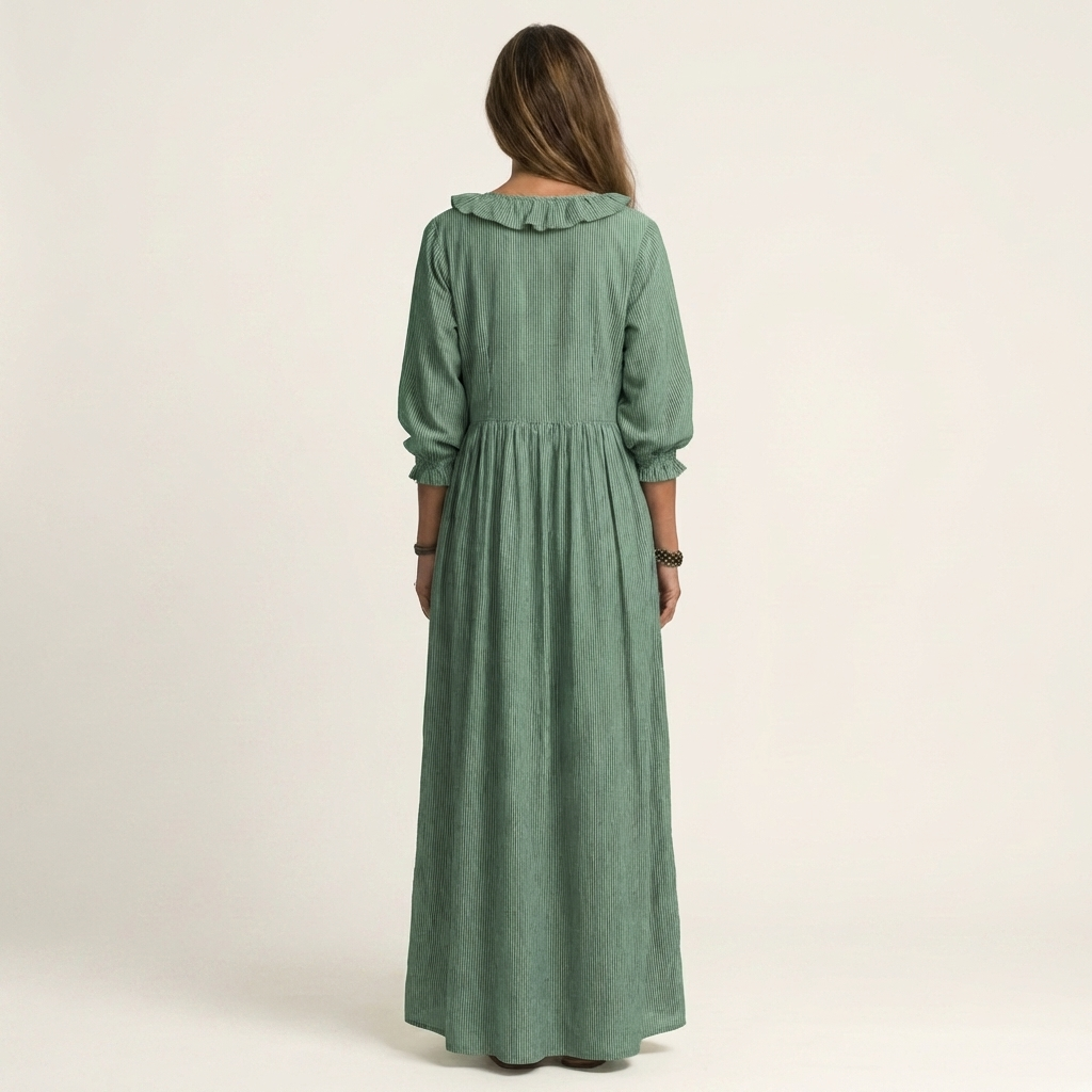 Yosetta | Robe maxi rayée à col en V à volants et manches lanternes