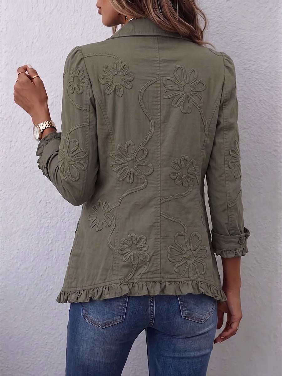 Pierrette™ | Veste utilitaire brodée de fleurs à bordures volantées Boho-Chic