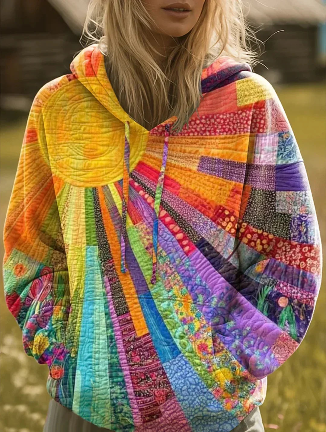Mireille™ | Sweat à capuche patchwork bohème multicolore
