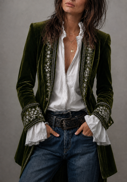 Erica | Veste longue en velours brodé