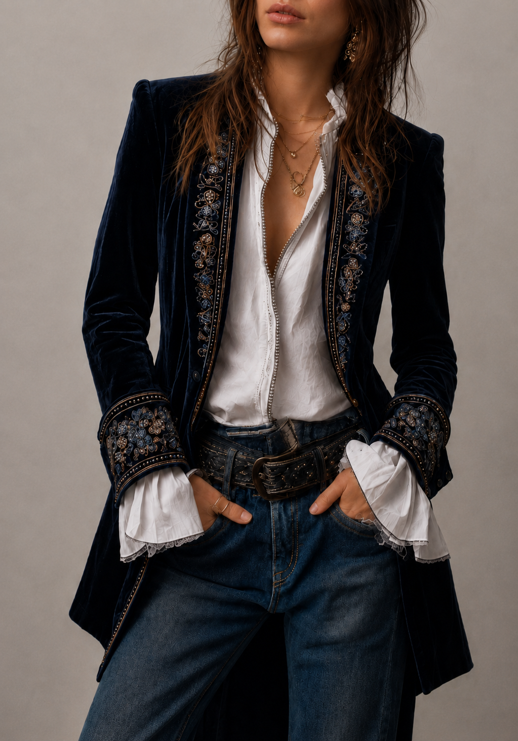 Erica | Veste longue en velours brodé
