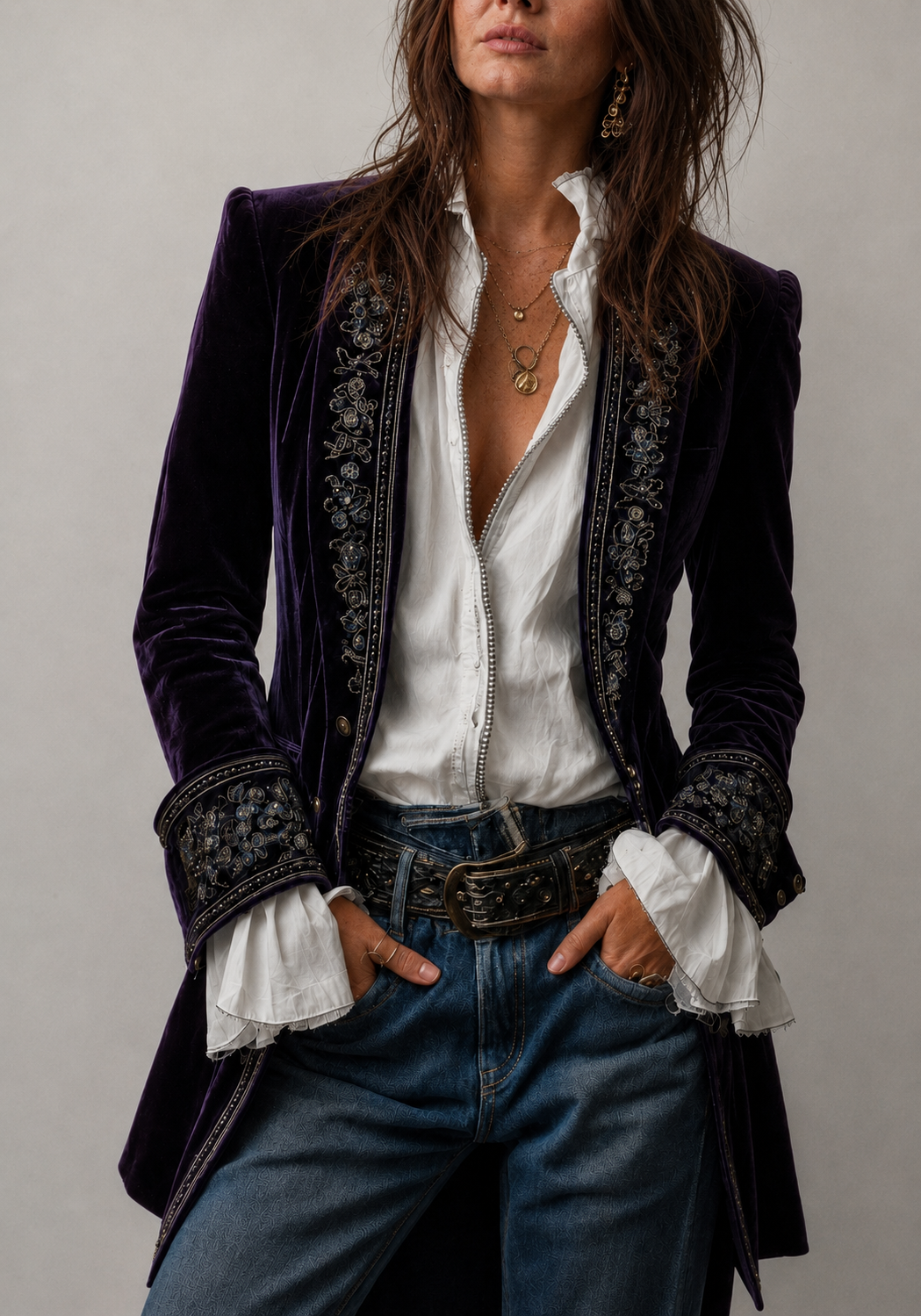 Erica | Veste longue en velours brodé