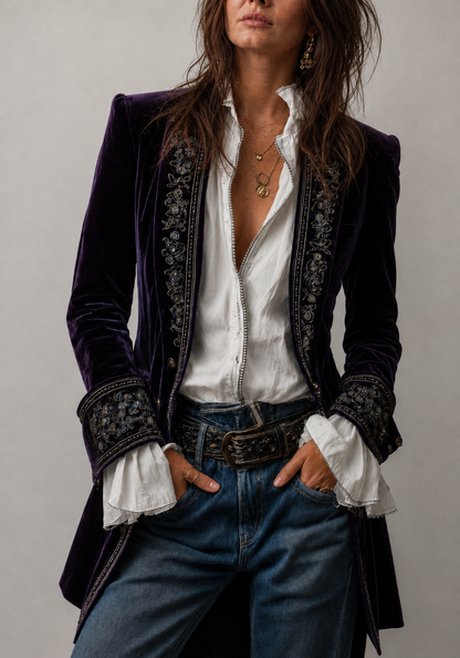 Erica | Veste longue en velours brodé