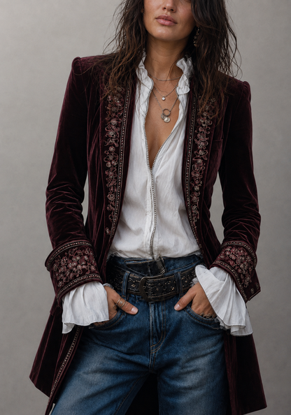 Erica | Veste longue en velours brodé