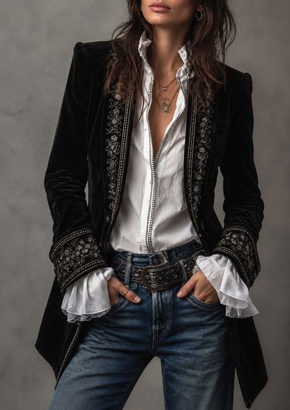 Erica | Veste longue en velours brodé