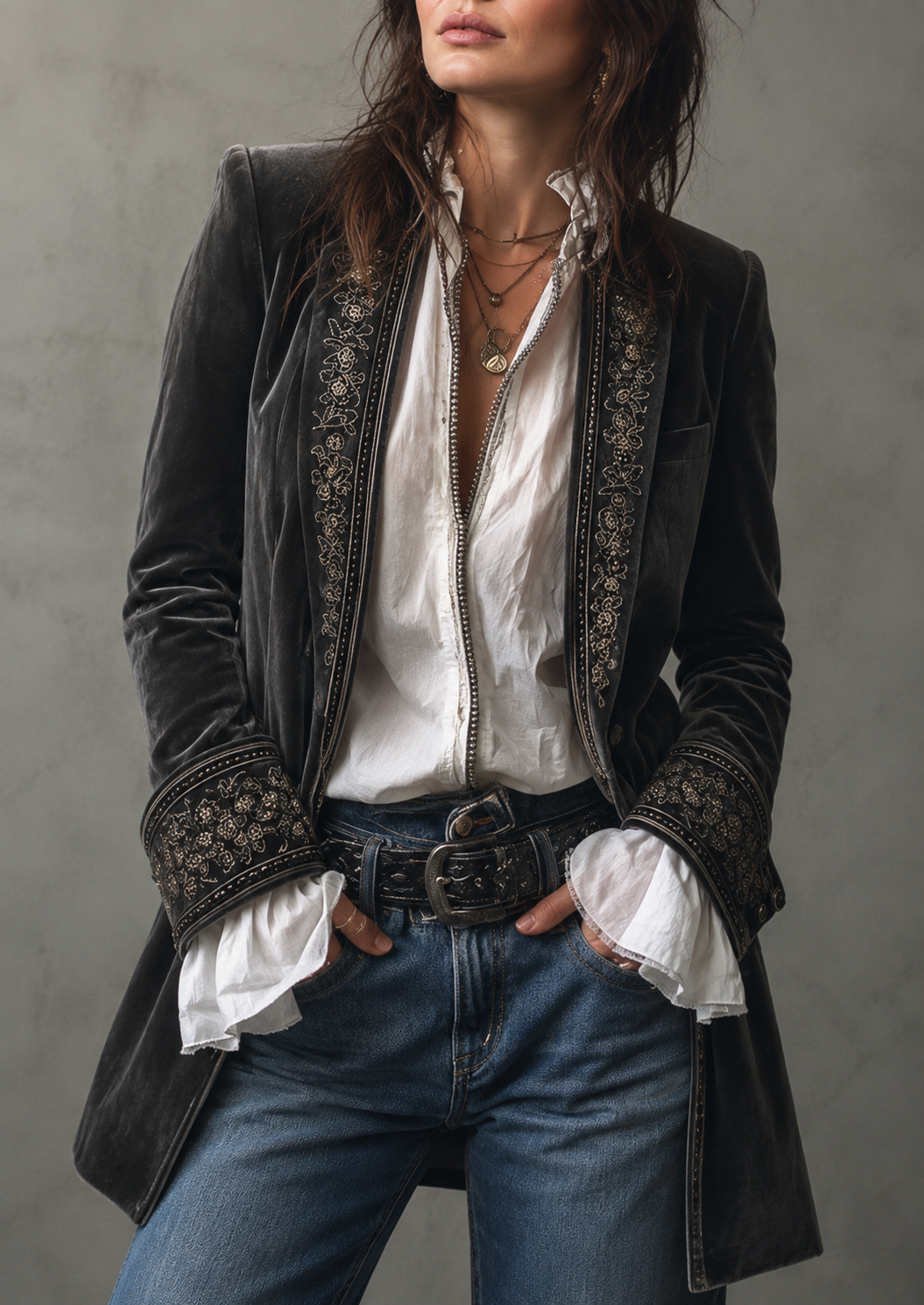 Erica | Veste longue en velours brodé