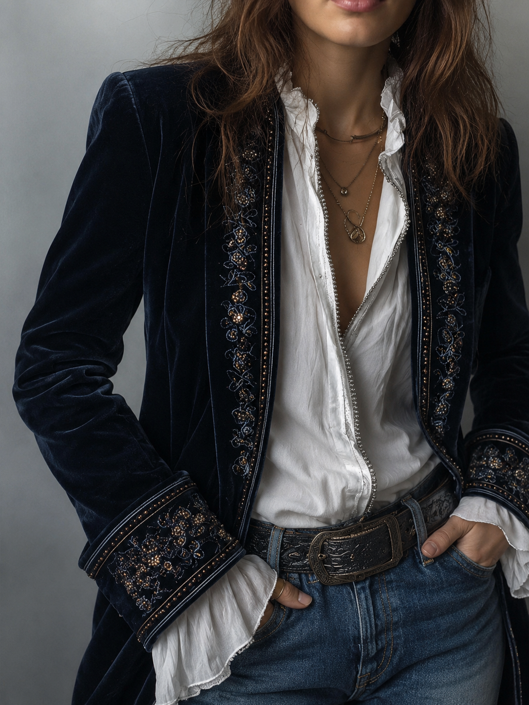 Erica | Veste longue en velours brodé