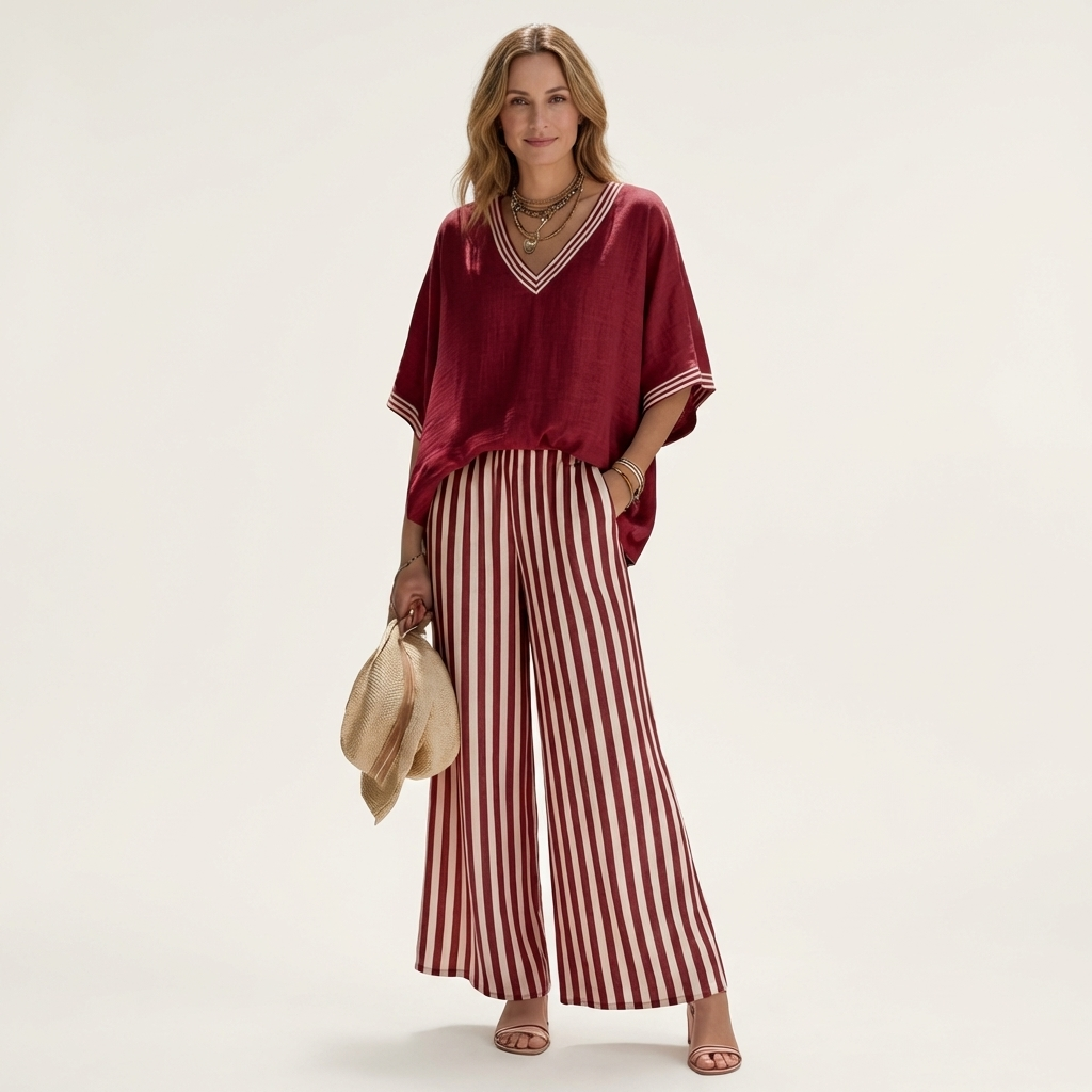 Juliana | Haut à col en V style varsity et ensemble pantalon large rayé