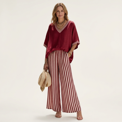 Juliana | Haut à col en V style varsity et ensemble pantalon large rayé
