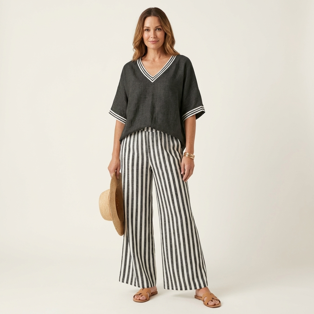 Juliana | Haut à col en V style varsity et ensemble pantalon large rayé