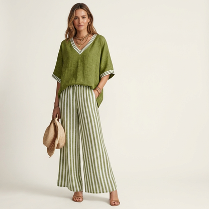 Juliana | Haut à col en V style varsity et ensemble pantalon large rayé