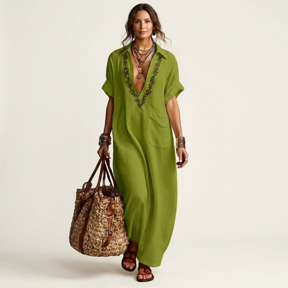 Amarina | Robe maxi en lin brodée avec col en V