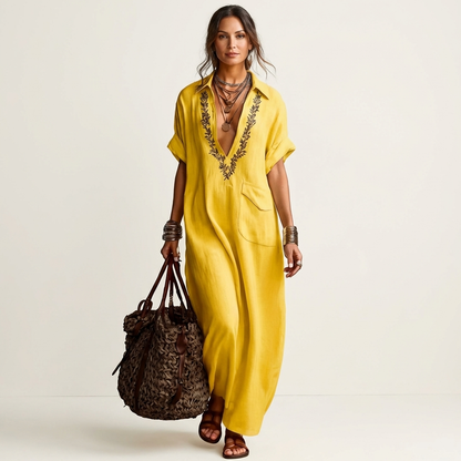 Amarina | Robe maxi en lin brodée avec col en V