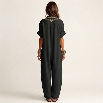 Amarina | Robe maxi en lin brodée avec col en V