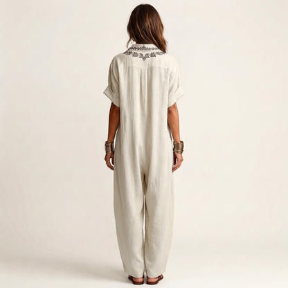 Amarina | Robe maxi en lin brodée avec col en V