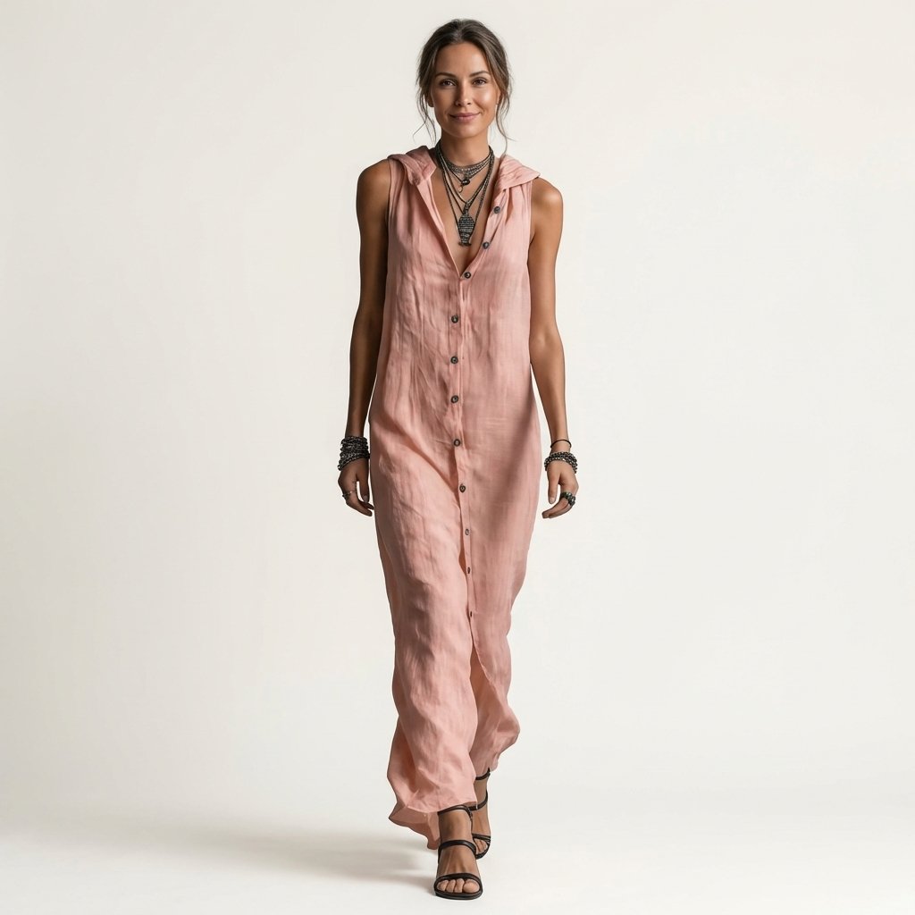Mirabell | Robe maxi sans manches à capuche et boutons sur le devant