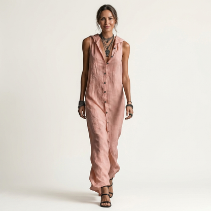 Mirabell | Robe maxi sans manches à capuche et boutons sur le devant