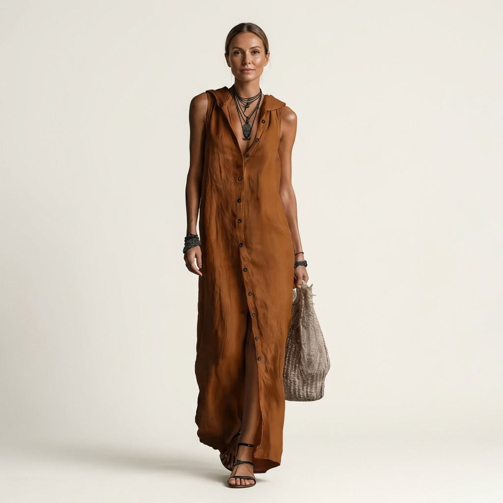 Mirabell | Robe maxi sans manches à capuche et boutons sur le devant