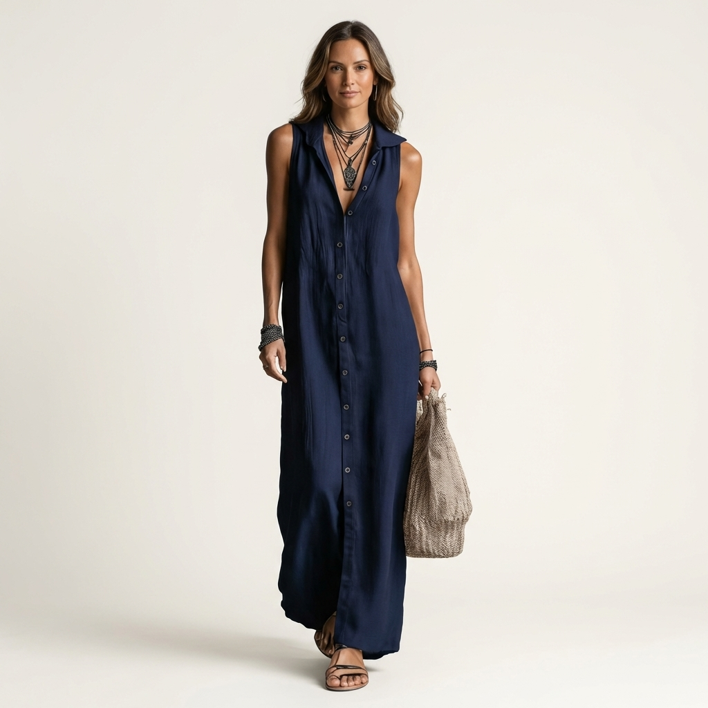 Mirabell | Robe maxi sans manches à capuche et boutons sur le devant