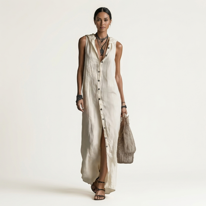 Mirabell | Robe maxi sans manches à capuche et boutons sur le devant