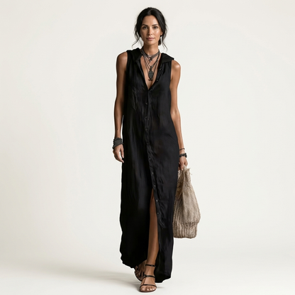 Mirabell | Robe maxi sans manches à capuche et boutons sur le devant