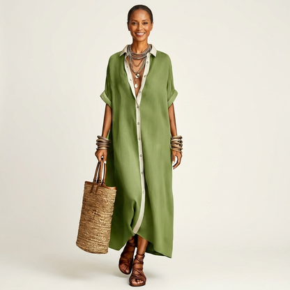 Kamira | Robe chemise maxi à col contrasté et boutons sur le devant, manches courtes