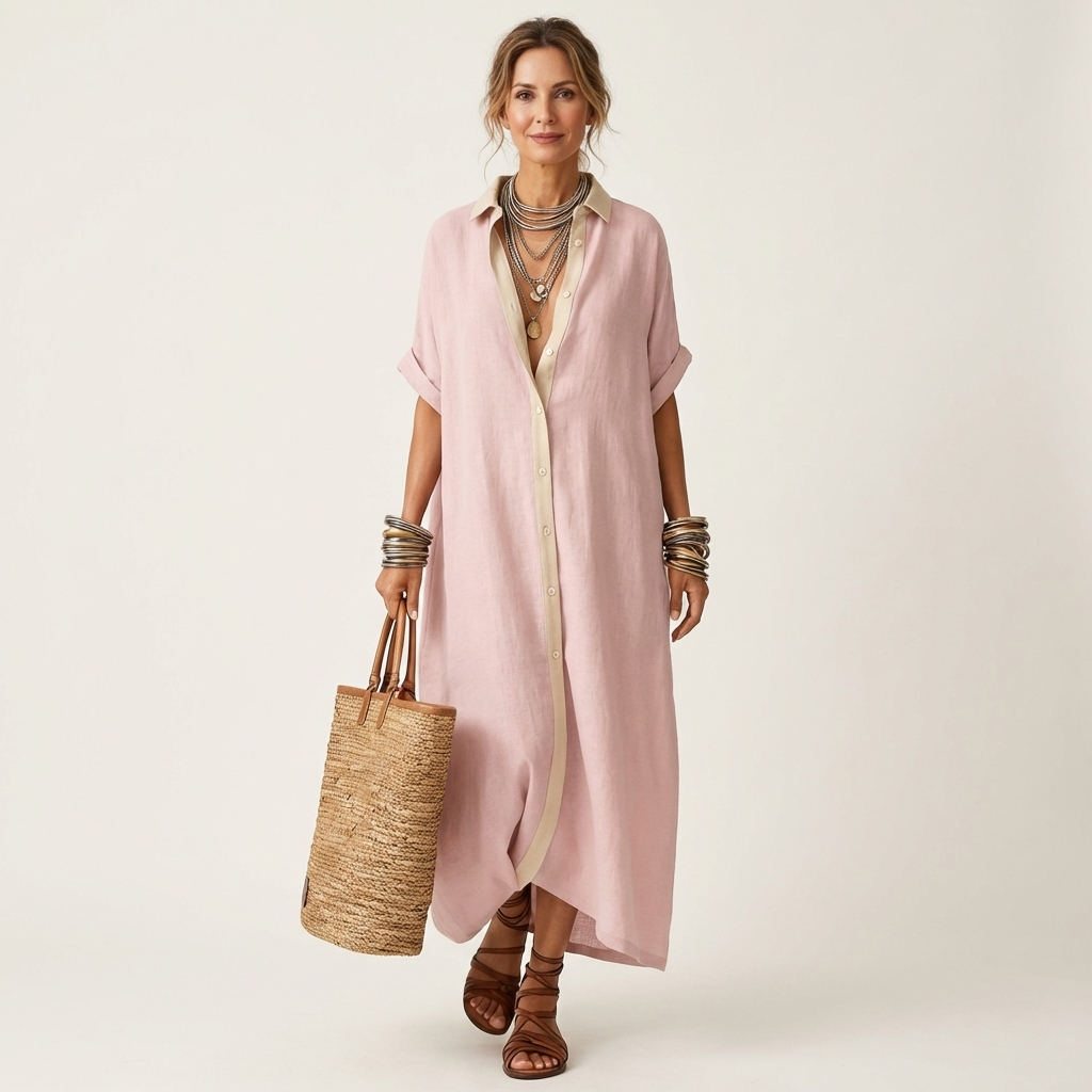 Kamira | Robe chemise maxi à col contrasté et boutons sur le devant, manches courtes