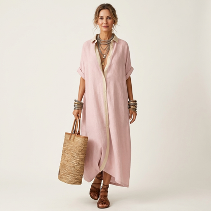 Kamira | Robe chemise maxi à col contrasté et boutons sur le devant, manches courtes