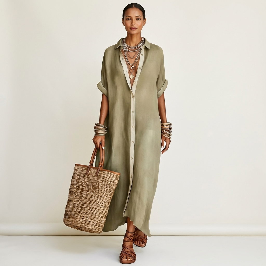 Kamira | Robe chemise maxi à col contrasté et boutons sur le devant, manches courtes