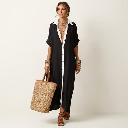 Kamira | Robe chemise maxi à col contrasté et boutons sur le devant, manches courtes