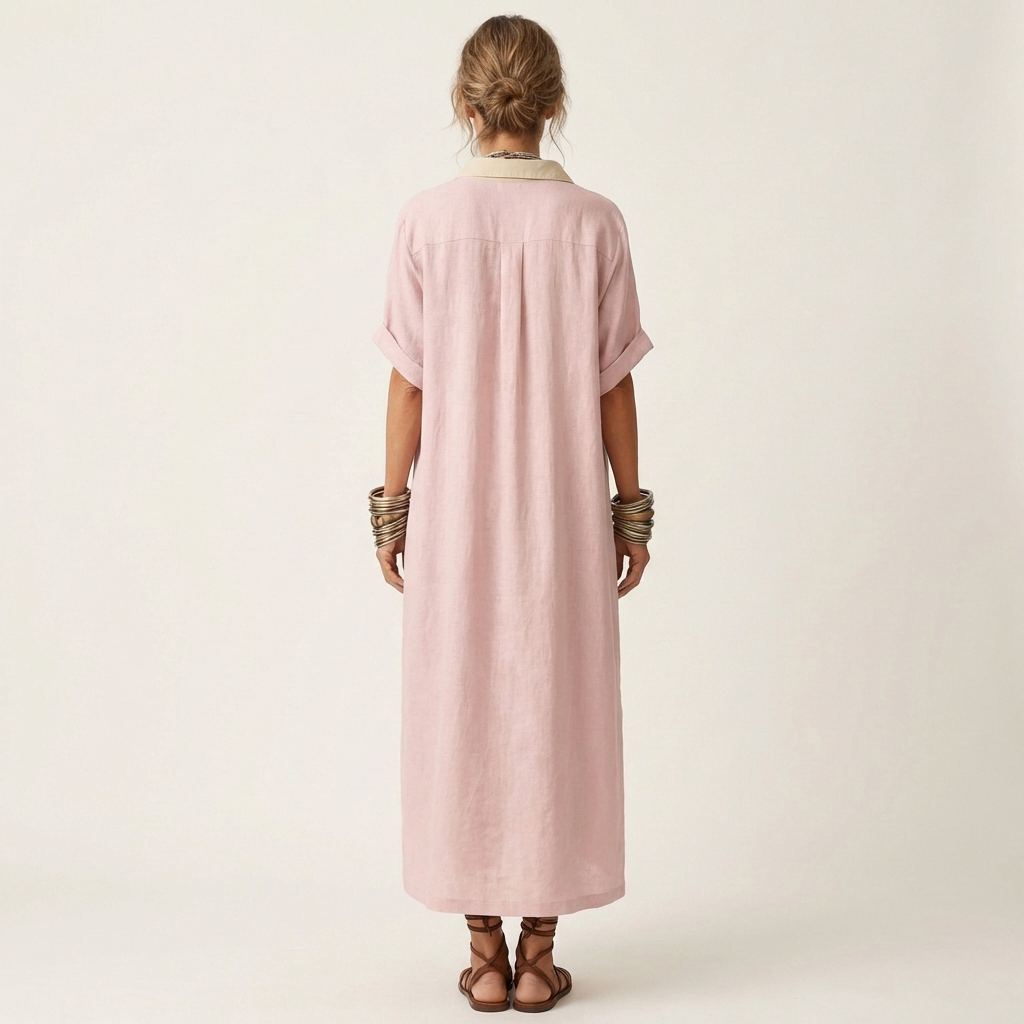 Kamira | Robe chemise maxi à col contrasté et boutons sur le devant, manches courtes