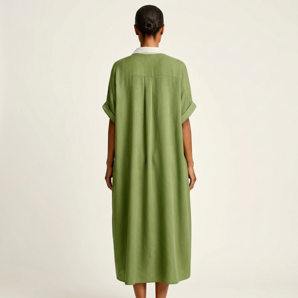 Kamira | Robe chemise maxi à col contrasté et boutons sur le devant, manches courtes