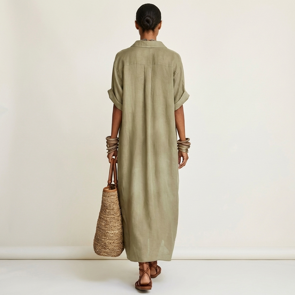 Kamira | Robe chemise maxi à col contrasté et boutons sur le devant, manches courtes