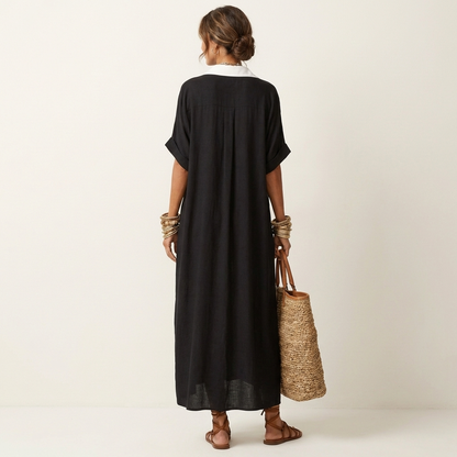Kamira | Robe chemise maxi à col contrasté et boutons sur le devant, manches courtes
