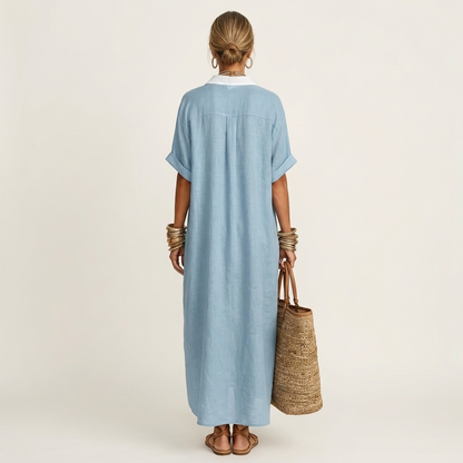 Kamira | Robe chemise maxi à col contrasté et boutons sur le devant, manches courtes