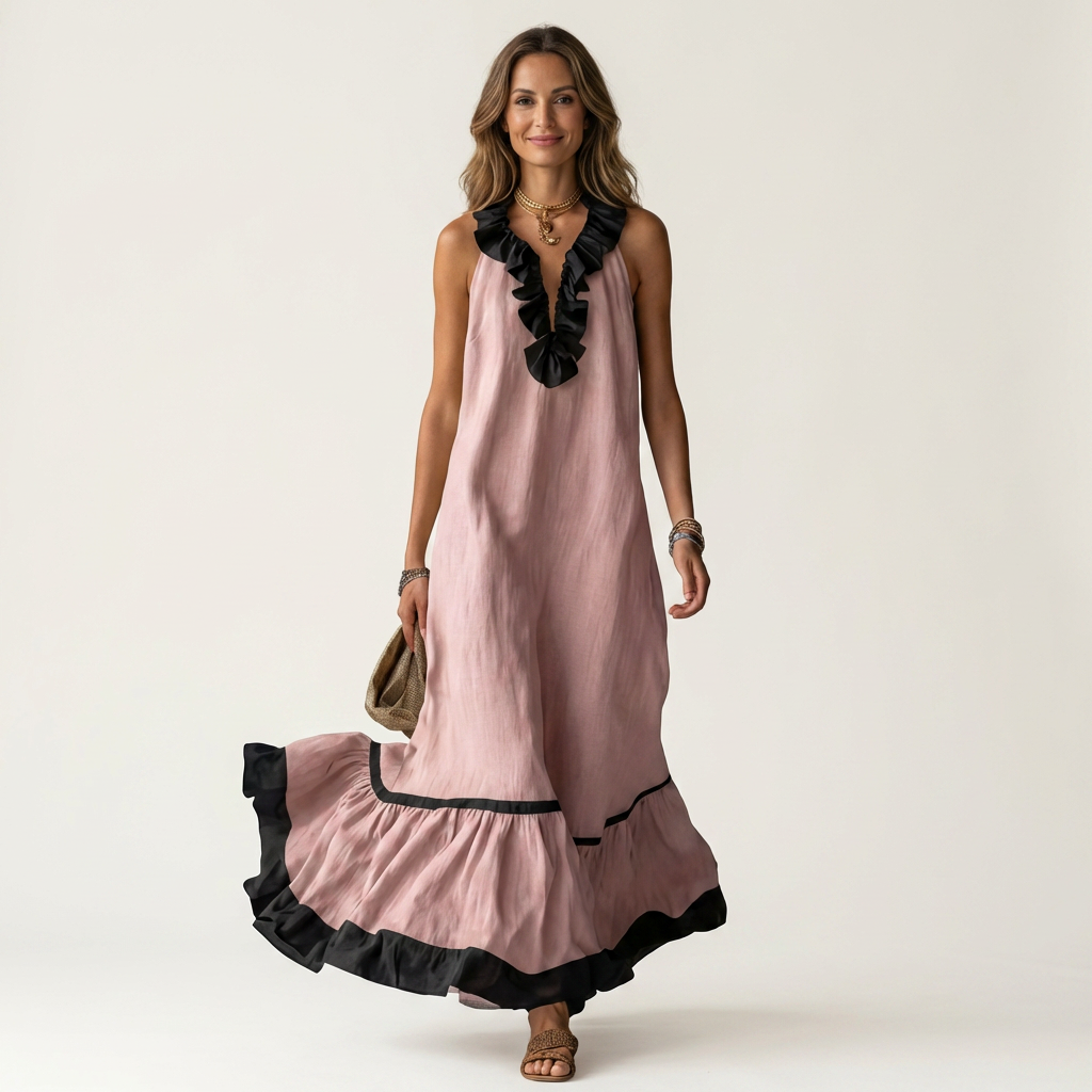 Mayline | Robe maxi sans manches à col volant et galon contrastant