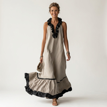Mayline | Robe maxi sans manches à col volant et galon contrastant