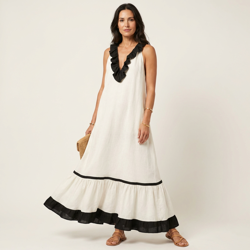 Mayline | Robe maxi sans manches à col volant et galon contrastant