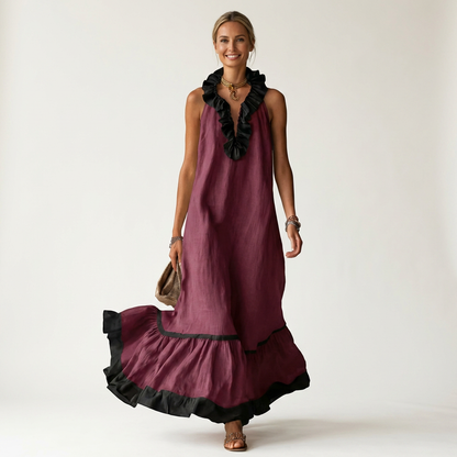 Mayline | Robe maxi sans manches à col volant et galon contrastant