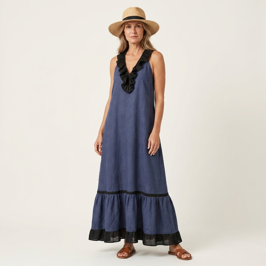 Mayline | Robe maxi sans manches à col volant et galon contrastant