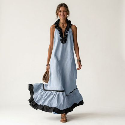 Mayline | Robe maxi sans manches à col volant et galon contrastant