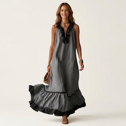 Mayline | Robe maxi sans manches à col volant et galon contrastant