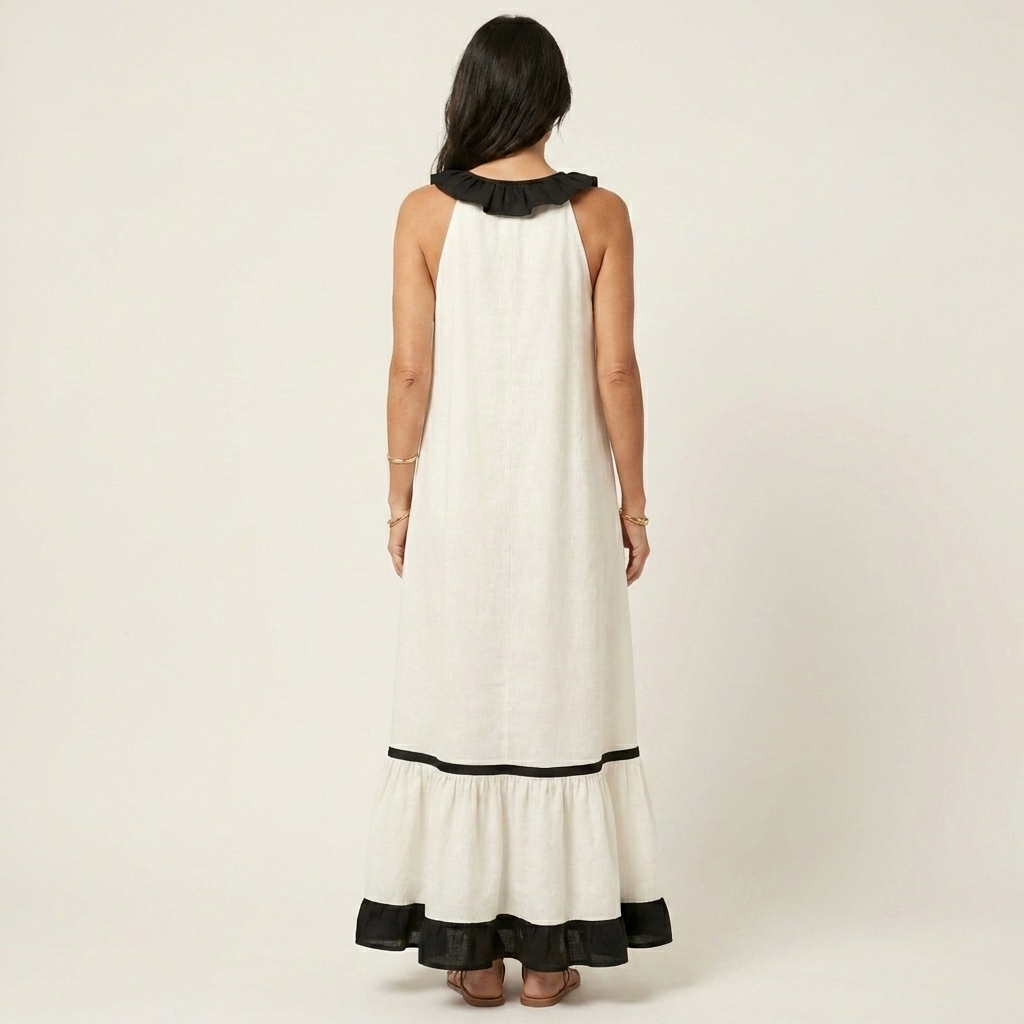 Mayline | Robe maxi sans manches à col volant et galon contrastant