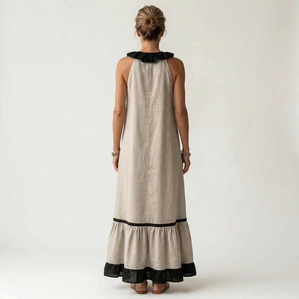 Mayline | Robe maxi sans manches à col volant et galon contrastant