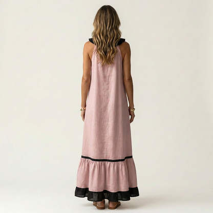 Mayline | Robe maxi sans manches à col volant et galon contrastant