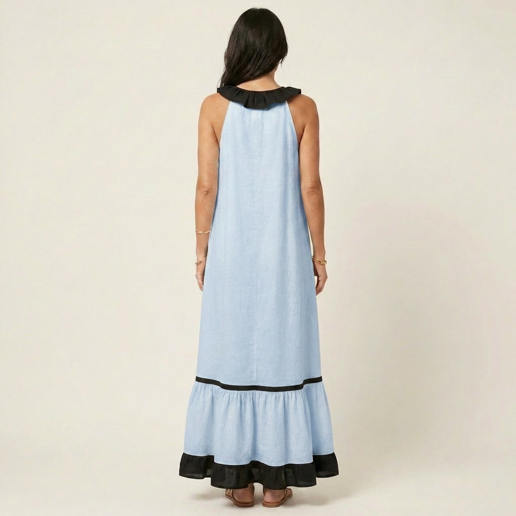 Mayline | Robe maxi sans manches à col volant et galon contrastant