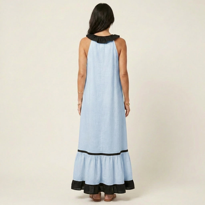 Mayline | Robe maxi sans manches à col volant et galon contrastant