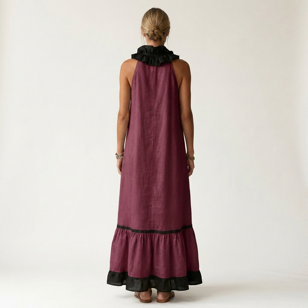 Mayline | Robe maxi sans manches à col volant et galon contrastant