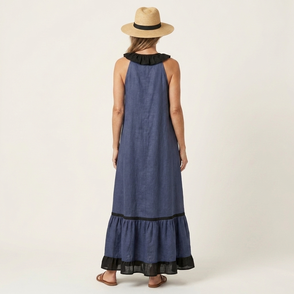 Mayline | Robe maxi sans manches à col volant et galon contrastant