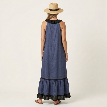 Mayline | Robe maxi sans manches à col volant et galon contrastant